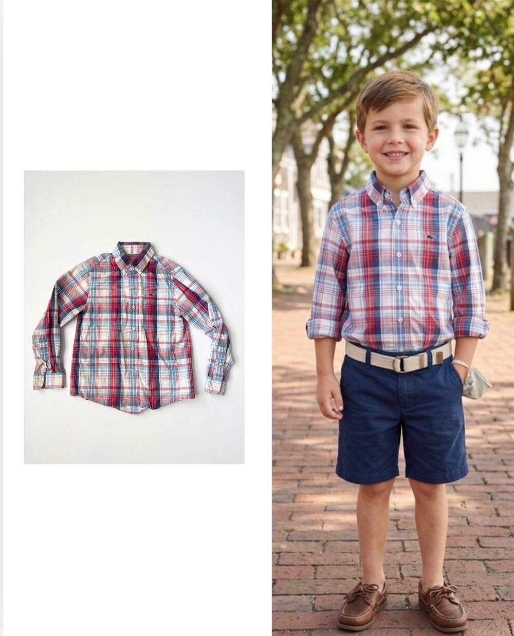 Vineyard Vines Boys Red White Blue Plaid Long Sleeve Button Down Whale Shirt 6
